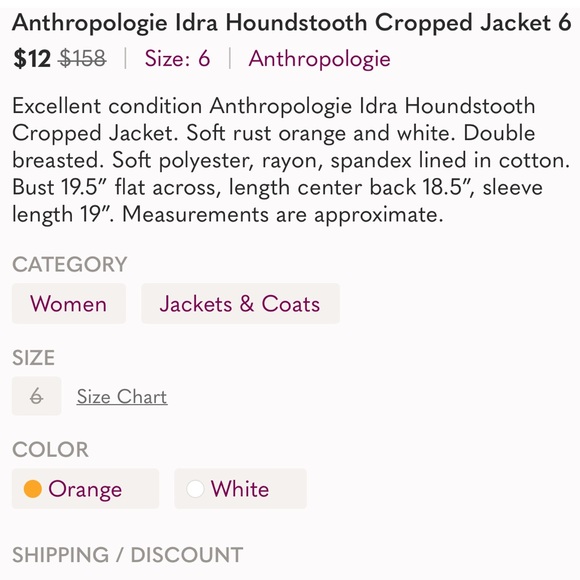 Anthropologie Idra Houndstooth Cropped Peacoat Jacket Sz 6 - Picture 12 of 12